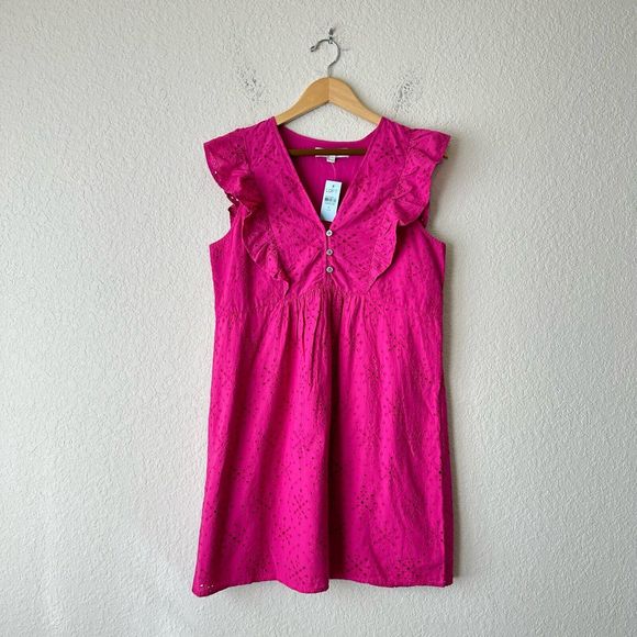 NWT LOFT Lined Petite Eyelet Button Ruffle Swing Dress in Fuchsia - Picture 1 of 12
